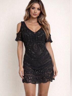 Cold-Shoulder Crochet Beach Dress - Black